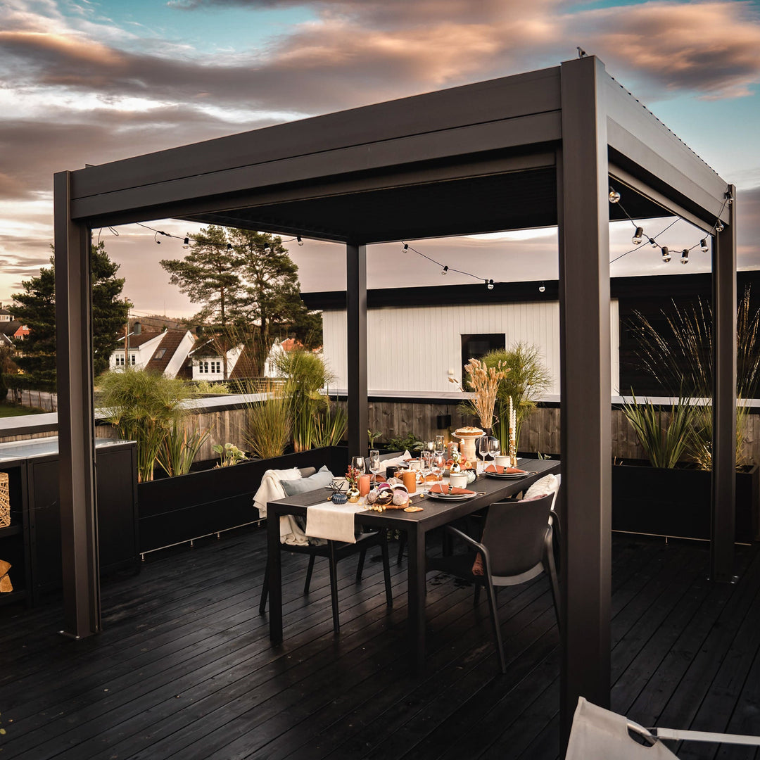 Anthricite pergola with adjustable louvered roof and powder coated aluminium profile