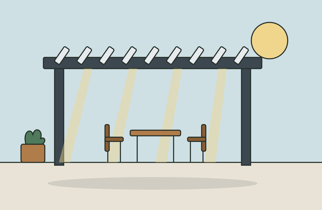 A motorised louvered pergola: adjustable slats, integrated lighting, all-weather cover.